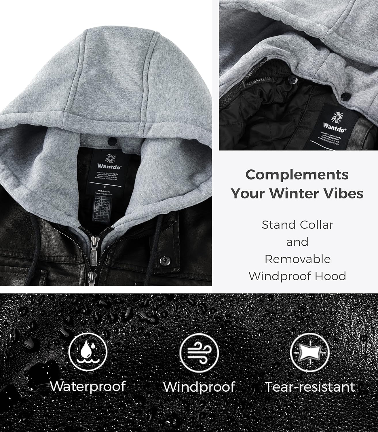 Men'S Faux Leather Jacket Windproof Motorcycle Bomber Jacket Slim Fit Winter Coat with Removable Hood