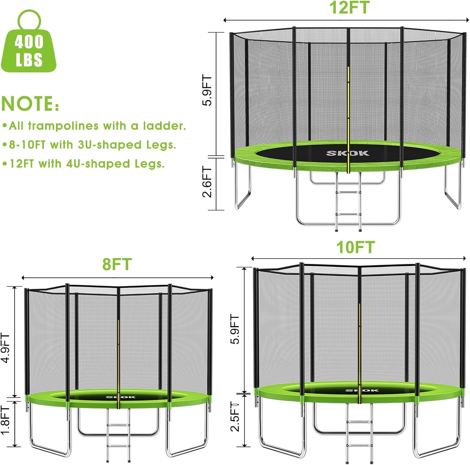 Trampoline 8FT 10FT 12FT 14FT 15FT Trampolines with Enclosure Net, 400LBS Outdoor Trampolines for Kids with Basketball Hoop-Astm Approved Trampoline for Children and Adults with Ladder