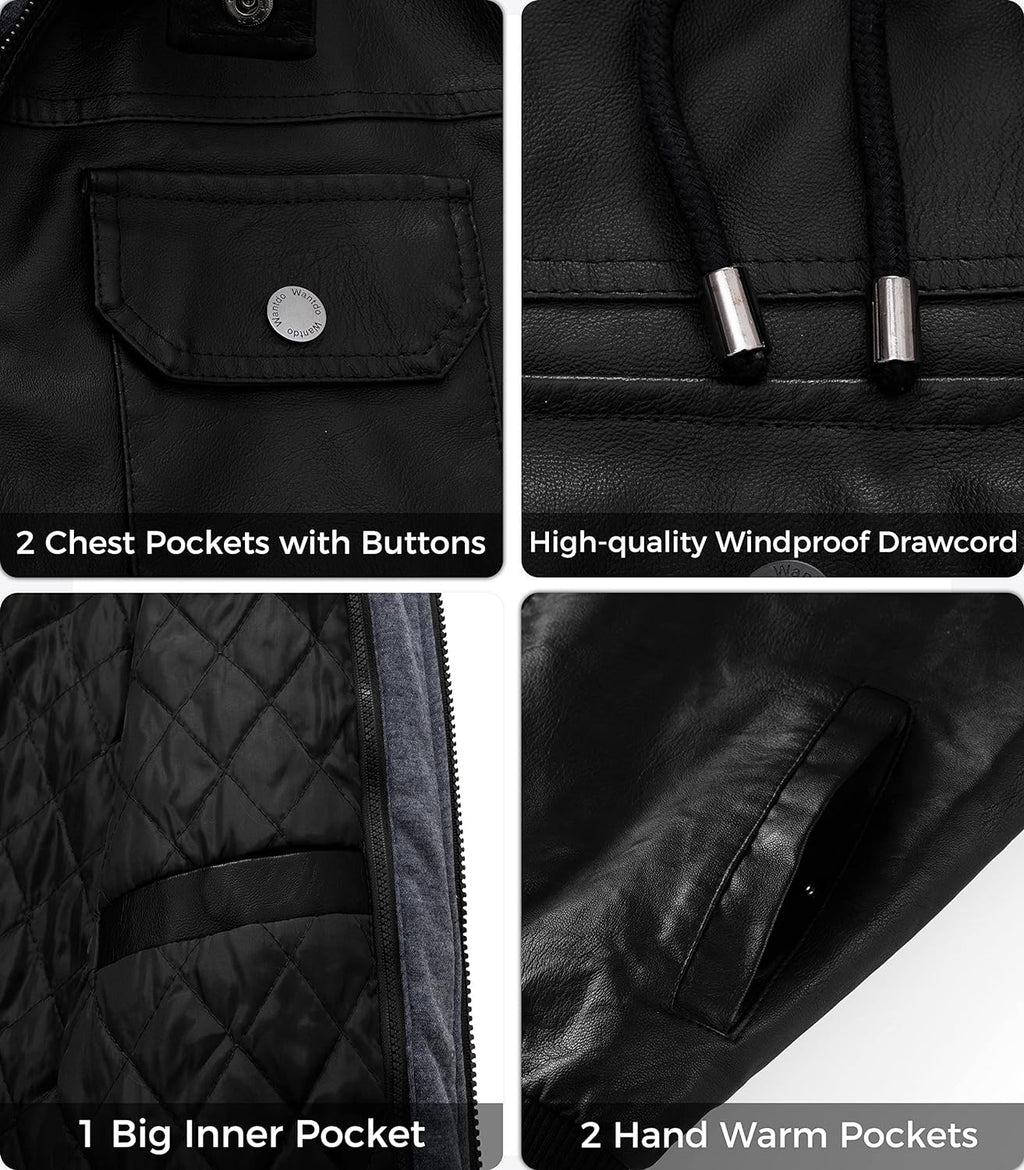 Men'S Faux Leather Jacket Windproof Motorcycle Bomber Jacket Slim Fit Winter Coat with Removable Hood