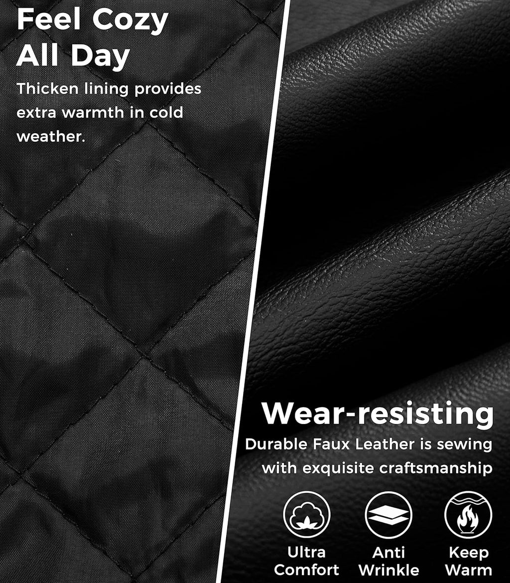 Men'S Faux Leather Jacket Windproof Motorcycle Bomber Jacket Slim Fit Winter Coat with Removable Hood