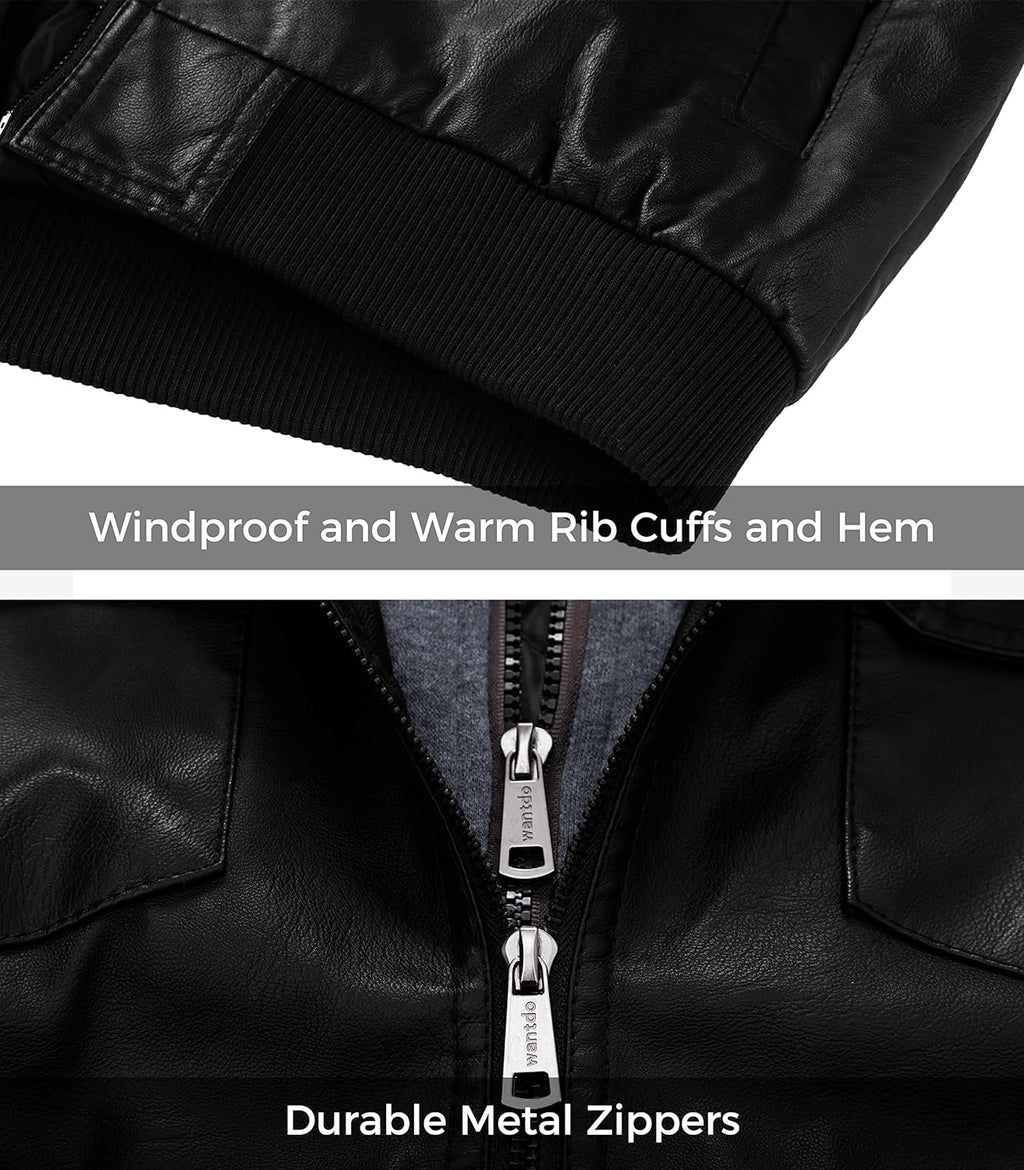 Men'S Faux Leather Jacket Windproof Motorcycle Bomber Jacket Slim Fit Winter Coat with Removable Hood
