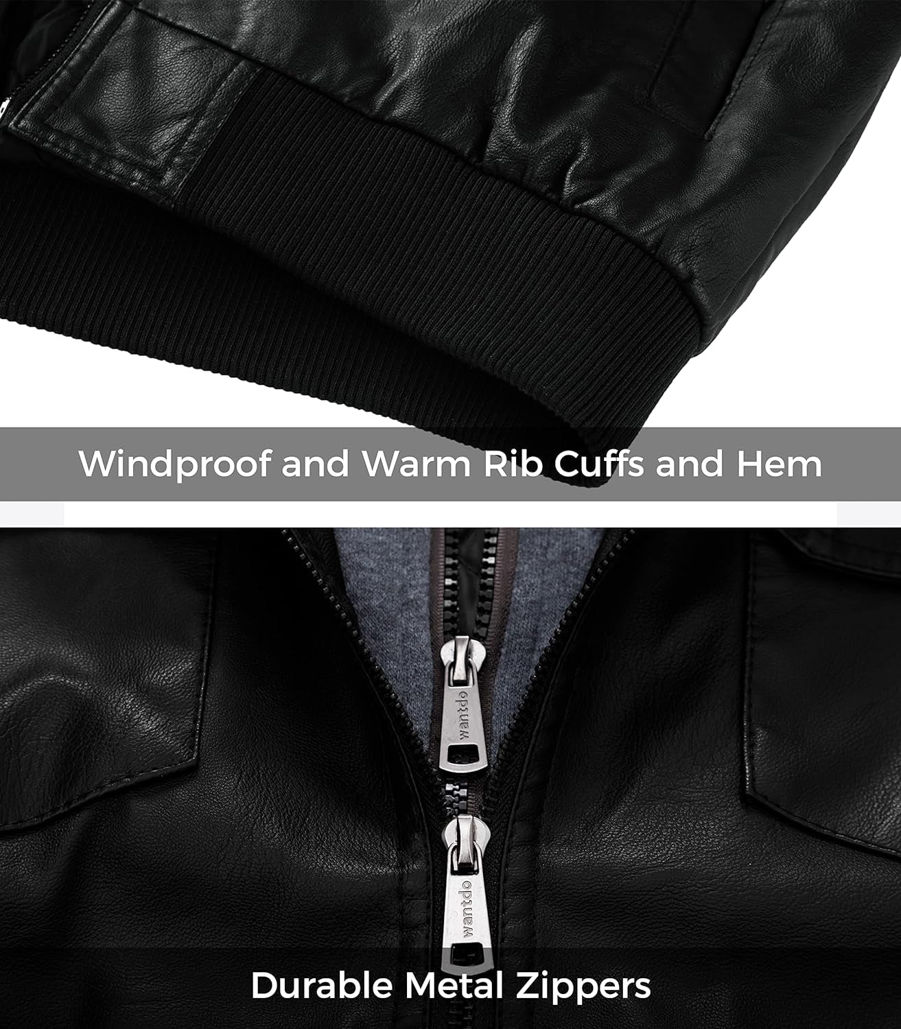 Men'S Faux Leather Jacket Windproof Motorcycle Bomber Jacket Slim Fit Winter Coat with Removable Hood
