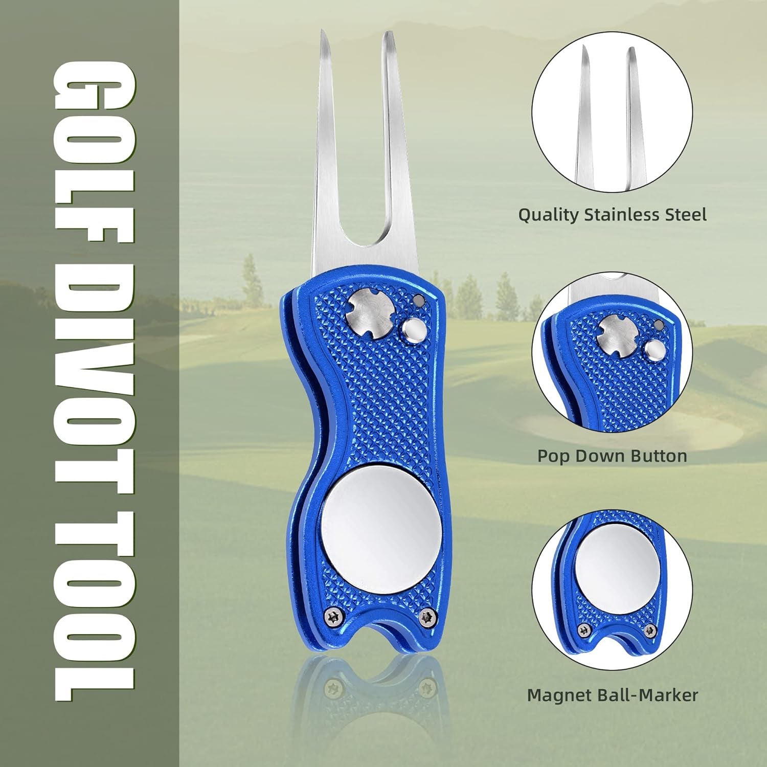 Premium All-Metal Foldable Golf Divot Repair Tool with Pop-Up Button & Magnetic Ball Marker - Available in 2-6 Pack