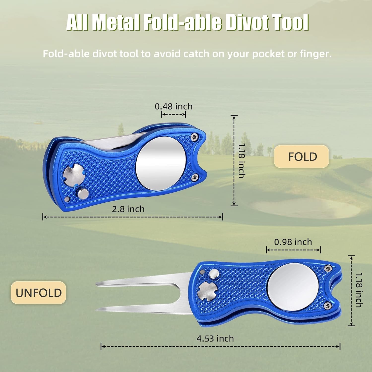 Premium All-Metal Foldable Golf Divot Repair Tool with Pop-Up Button & Magnetic Ball Marker - Available in 2-6 Pack